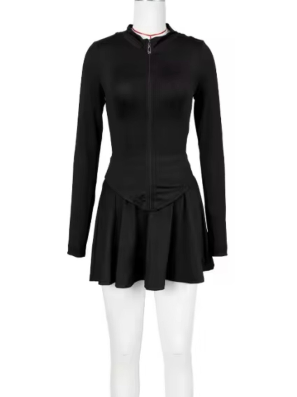 Black Long Sleeve Zip Skater Dress